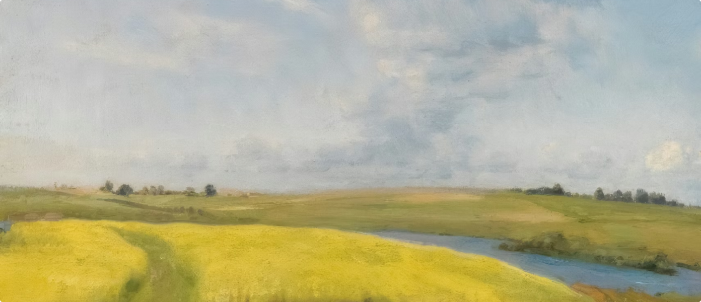 Painting of a rapeseed field under a wide sky